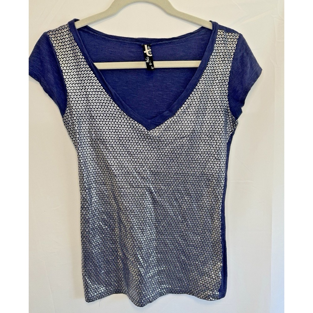 Vintage 2K T shirt Metallic Details Blue Silver Size S Baby Tee Disco Streetwear